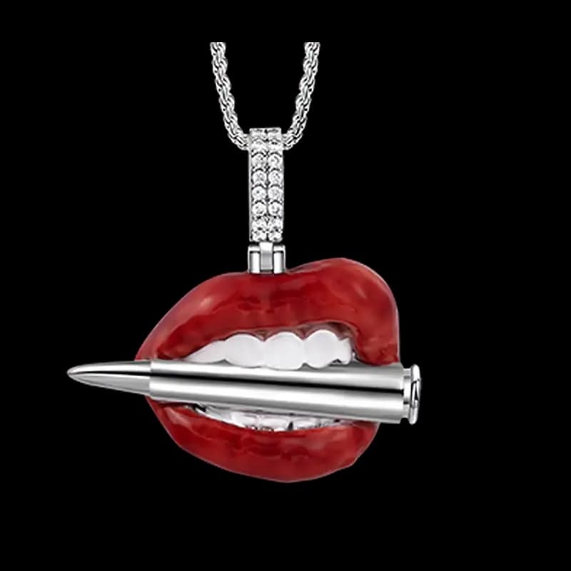 fiery-red-lips-biting-silver-bullet-necklace